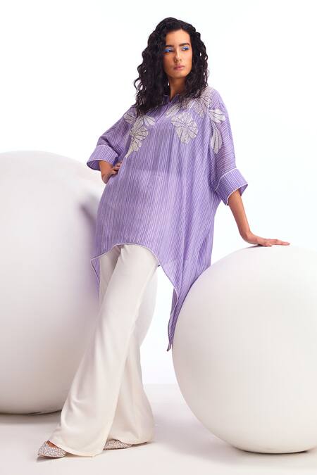 Namrata Joshipura_Purple Crepe Embroidery Collared Zebrina Striped Zipper Tunic And Pant Set_Online_at_Aza_Fashions