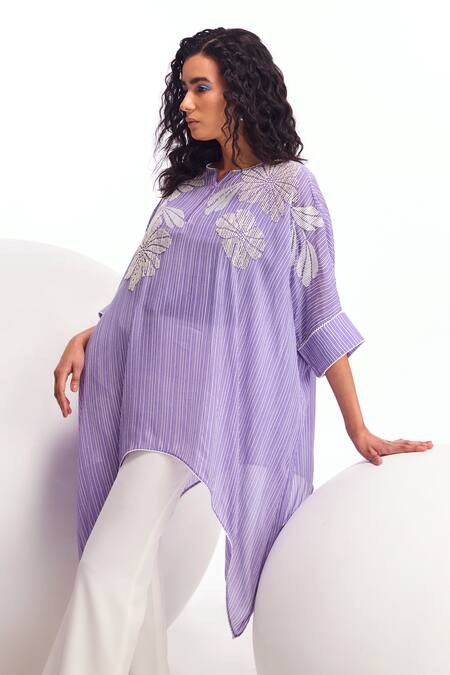 Buy_Namrata Joshipura_Purple Crepe Embroidery Collared Zebrina Striped Zipper Tunic And Pant Set_Online_at_Aza_Fashions