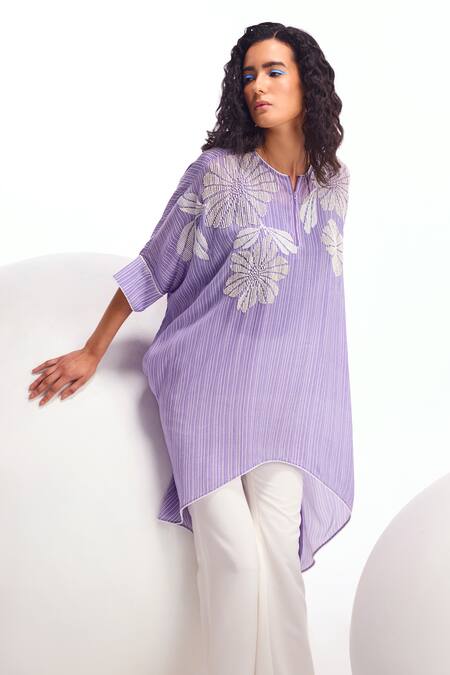 Shop_Namrata Joshipura_Purple Crepe Embroidery Collared Zebrina Striped Zipper Tunic And Pant Set_Online_at_Aza_Fashions
