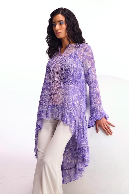 Buy_Namrata Joshipura_Purple Georgette Embroidery Cerelia Floral Pattern Frilled Tunic And Pant Set_Online_at_Aza_Fashions