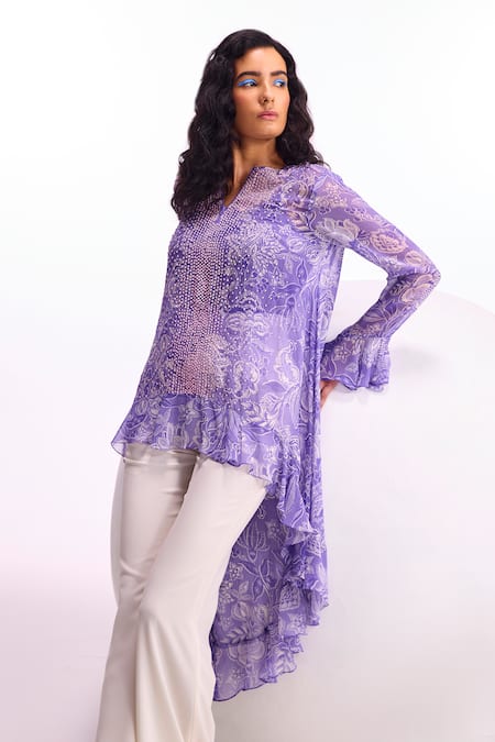 Shop_Namrata Joshipura_Purple Georgette Embroidery Cerelia Floral Pattern Frilled Tunic And Pant Set_Online_at_Aza_Fashions