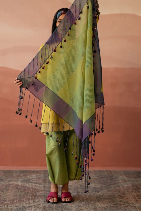 Swatti Kapoor Multi Color Stripe Sami Hand Block Print Scarf Online at Aza Fashions Swatti Kapoor_Multi Color Stripe Sami Hand Block Print Scarf _Online_at_Aza_Fashions