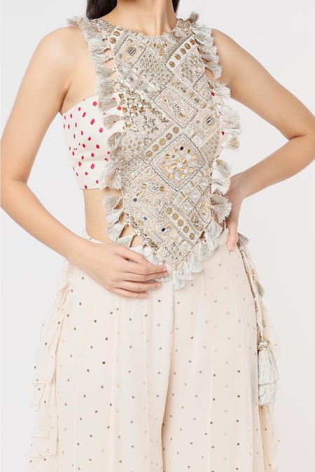 Payal Singhal_Off White Georgette Embroidered Bandhani Round Bustier And Frill Sharara Set _Online_at_Aza_Fashions