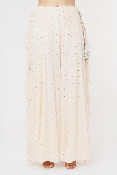 Buy_Payal Singhal_Off White Georgette Embroidered Bandhani Round Bustier And Frill Sharara Set _Online_at_Aza_Fashions