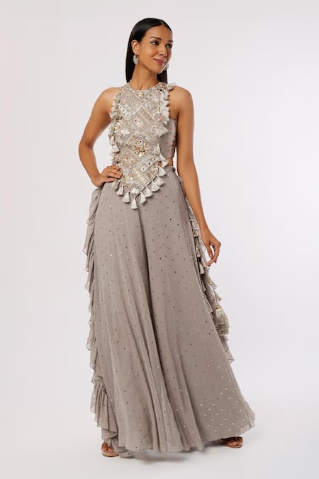 Payal Singhal Grey Georgette Embroidered Bandhani Round Bustier And Frill Mukaish Sharara Set 