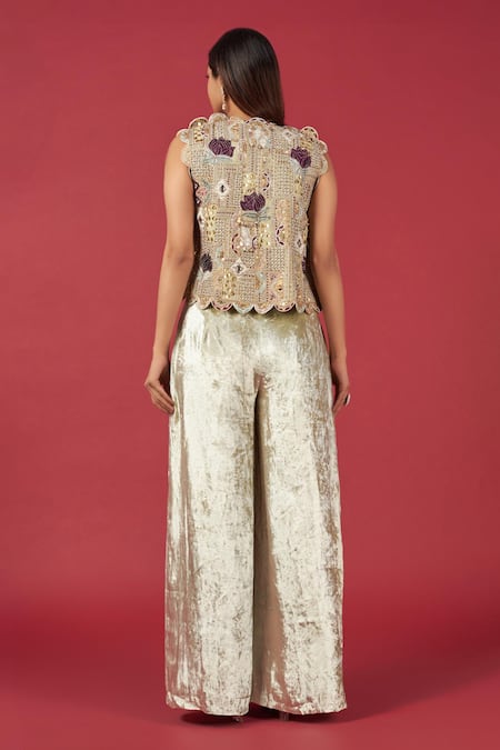 Shop Payal Singhal Green Georgette Embroidered Bustier Scoop Scalloped Jacket And Palazzo Set at Aza Fashions Shop_Payal Singhal_Green Georgette Embroidered Bustier Scoop Scalloped Jacket And Palazzo Set _at_Aza_Fashions