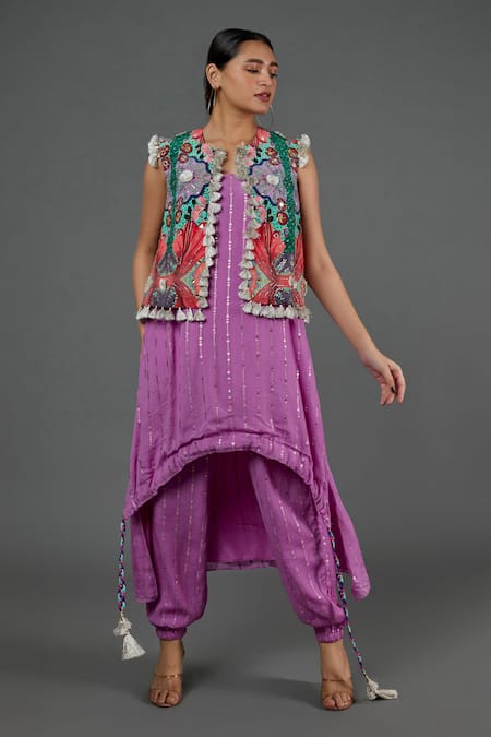 Payal Singhal Purple Georgette Printed Sequin Round Kurta Set With Jacket 