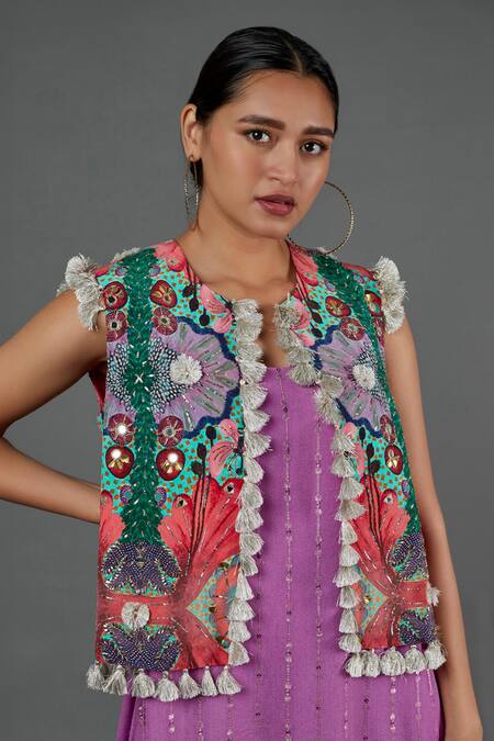 Payal Singhal Purple Georgette Printed Sequin Round Kurta Set With Jacket Online at Aza Fashions Payal Singhal_Purple Georgette Printed Sequin Round Kurta Set With Jacket _Online_at_Aza_Fashions
