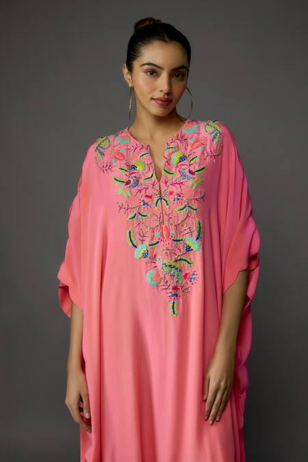 Payal Singhal_Coral Crepe Embroidered Notched Yoke Scalloped Jumpsuit_Online_at_Aza_Fashions