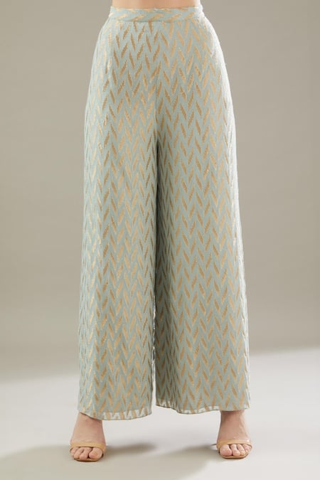 Buy_Payal Singhal_Blue Banarasi Georgette Embroidery Floral Notched Placket Kaftan With Palazzo _Online_at_Aza_Fashions