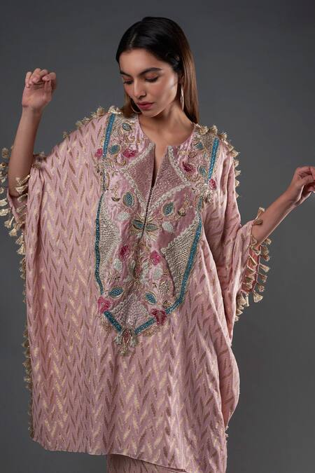 Payal Singhal_Pink Banarasi Georgette Embroidery Floral Notched Round Neck Cutdana Kaftan Set _Online_at_Aza_Fashions