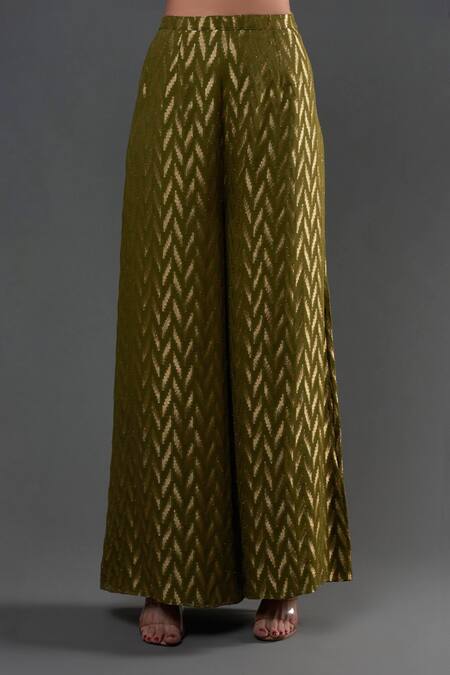 Buy_Payal Singhal_Green Banarasi Georgette Embroidery Floral Notched Placket Kurta Palazzo Set _Online_at_Aza_Fashions