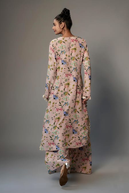 Shop Payal Singhal Pink Crepe Print Floral Notched Round Neck Nargis Kurta Palazzo Set at Aza Fashions Shop_Payal Singhal_Pink Crepe Print Floral Notched Round Neck Nargis Kurta Palazzo Set _at_Aza_Fashions