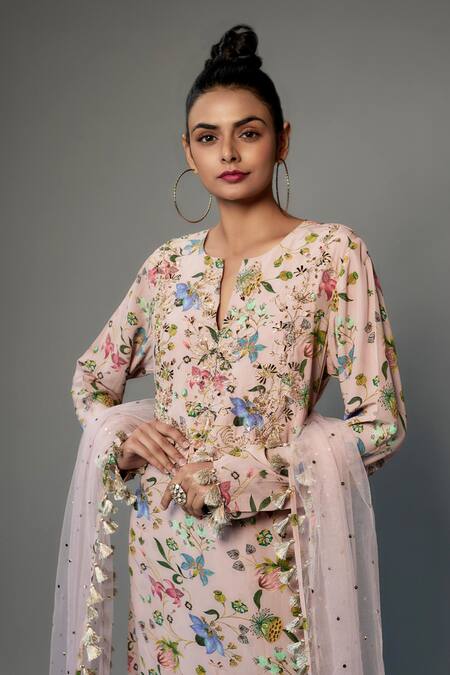 Payal Singhal Pink Crepe Print Floral Notched Round Neck Nargis Kurta Palazzo Set Online at Aza Fashions Payal Singhal_Pink Crepe Print Floral Notched Round Neck Nargis Kurta Palazzo Set _Online_at_Aza_Fashions
