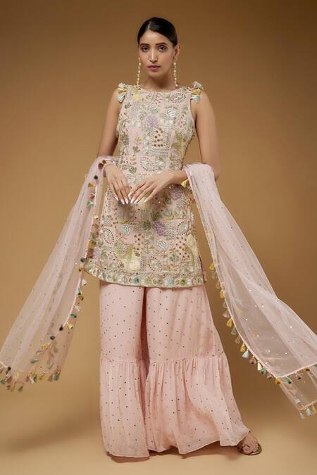 Payal Singhal Pink Georgette Embroidery Zari Threads Round Abstract Floral Kurta Sharara Set 