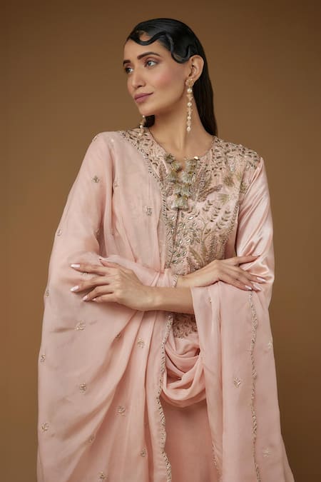 Payal Singhal_Pink Satin Embroidery Flower Vine Notched V Neck Bodice Kurta Pant Set _Online_at_Aza_Fashions