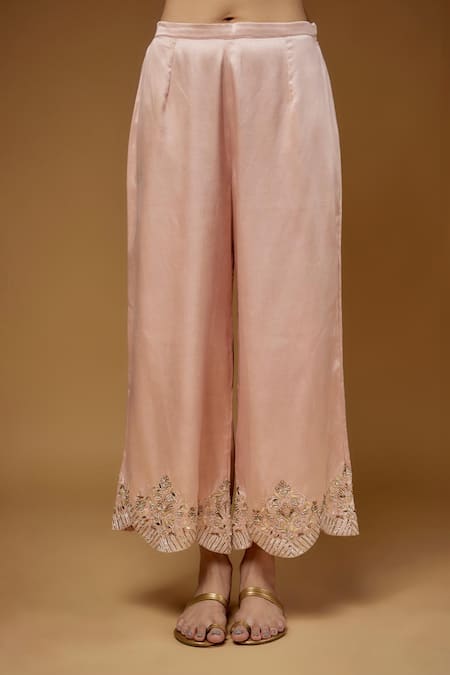 Buy_Payal Singhal_Pink Satin Embroidery Flower Vine Notched V Neck Bodice Kurta Pant Set _Online_at_Aza_Fashions