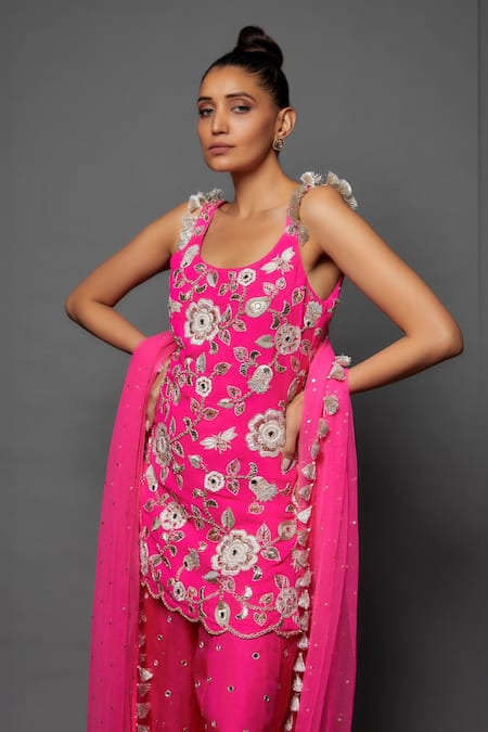 Payal Singhal_Pink Georgette Embroidery Floral Blossom Round Neck Flower Kurta Sharara Set _Online_at_Aza_Fashions