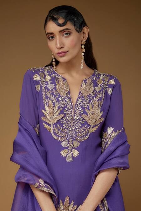 Payal Singhal_Purple Georgette Embroidery Zari Notched Round Neck Forest Kurta Sharara Set _Online_at_Aza_Fashions