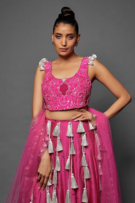 Payal Singhal_Pink Georgette Embroidery Cascading Tassel Round Neck Work Lehenga Set _Online_at_Aza_Fashions