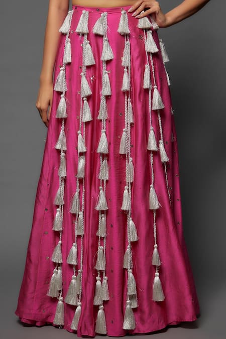 Buy_Payal Singhal_Pink Georgette Embroidery Cascading Tassel Round Neck Work Lehenga Set _Online_at_Aza_Fashions