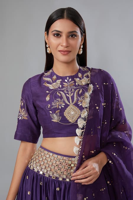 Payal Singhal_Purple Dupion Silk Embroidery Floral Round Neck Mirror Lehenga Set _Online_at_Aza_Fashions