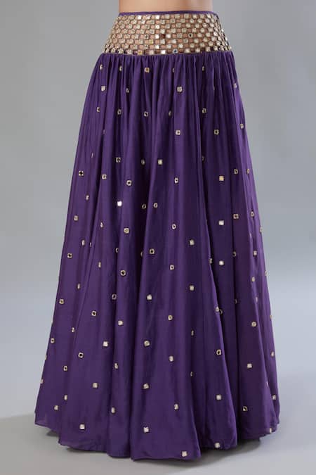 Buy_Payal Singhal_Purple Dupion Silk Embroidery Floral Round Neck Mirror Lehenga Set _Online_at_Aza_Fashions