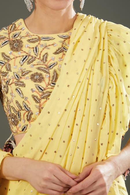 Buy Payal Singhal Yellow Georgette Embroidery Mukaish Round Neck Pre-stitched Saree With Blouse Online at Aza Fashions Buy_Payal Singhal_Yellow Georgette Embroidery Mukaish Round Neck Pre-stitched Saree With Blouse _Online_at_Aza_Fashions