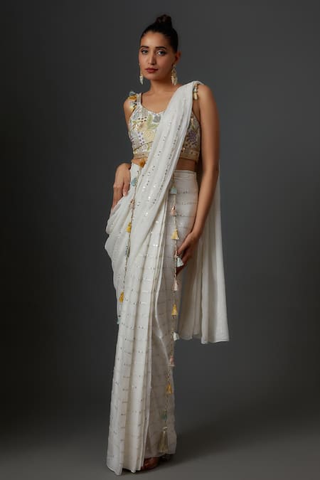 Payal Singhal Off White Georgette Embroidered Sequin Stripe Pre-draped Saree With Blouse 