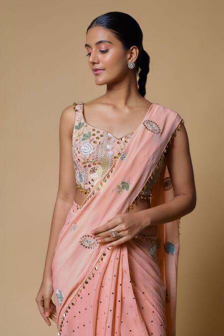 Payal Singhal_Pink Georgette Embroidered Sequin V-neck Mukaish Pre-draped Saree With Blouse _Online_at_Aza_Fashions