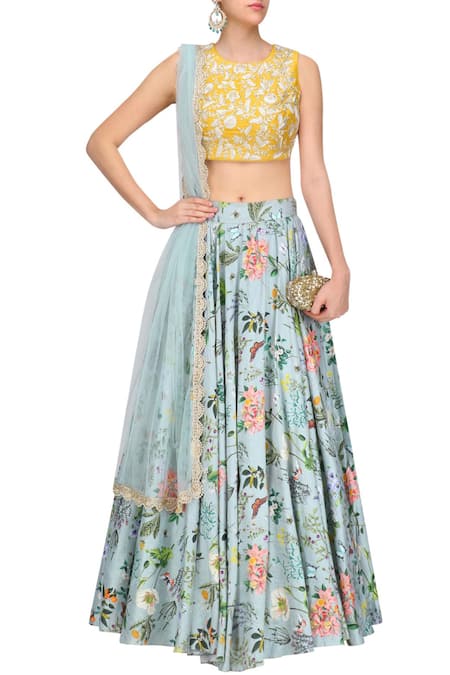 Payal Singhal Yellow Dupion Silk Embroidered Sequin Floral Jaal Thread Blouse Lehenga Set 