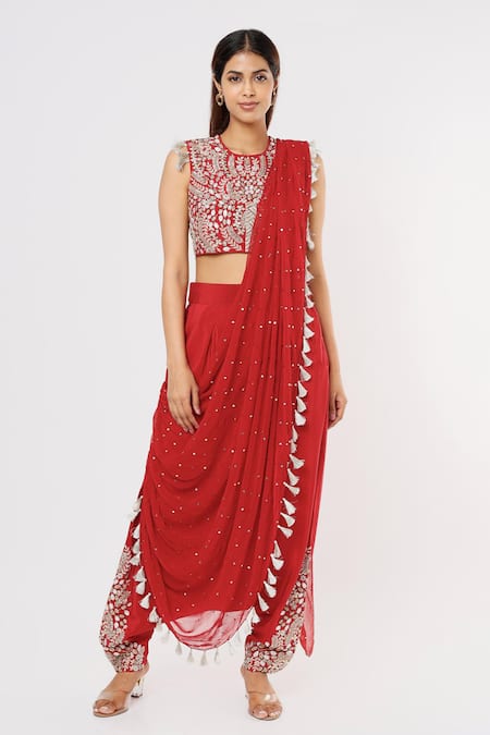 Payal Singhal Thread Embroidered Pre-Draped Pant Saree With Blouse 