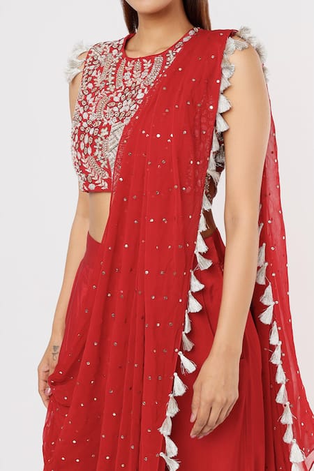 Payal Singhal_Red Crepe Embroidered Sequin Round Thread Pre-draped Pant Saree With Blouse_Online_at_Aza_Fashions