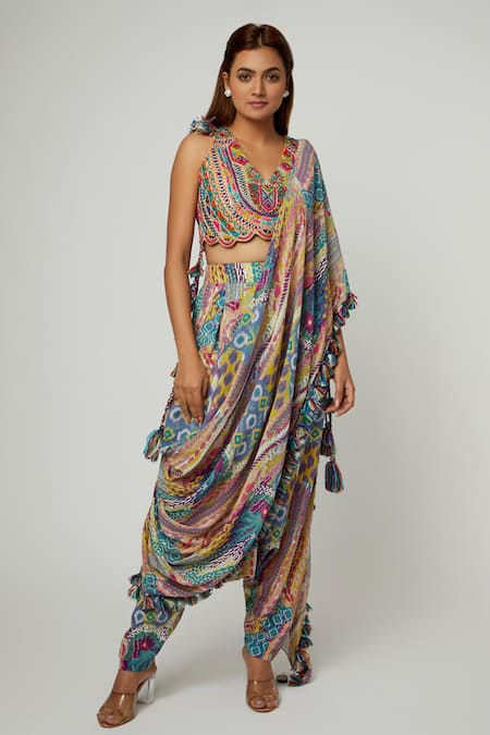 Payal Singhal Geometric Print Pre-Draped Pant Saree With Blouse 