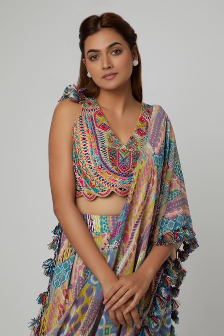 Payal Singhal Multi Color Crepe Printed Geometric Abstract Pre-draped Pant Saree With Blouse Online at Aza Fashions Payal Singhal_Multi Color Crepe Printed Geometric Abstract Pre-draped Pant Saree With Blouse _Online_at_Aza_Fashions
