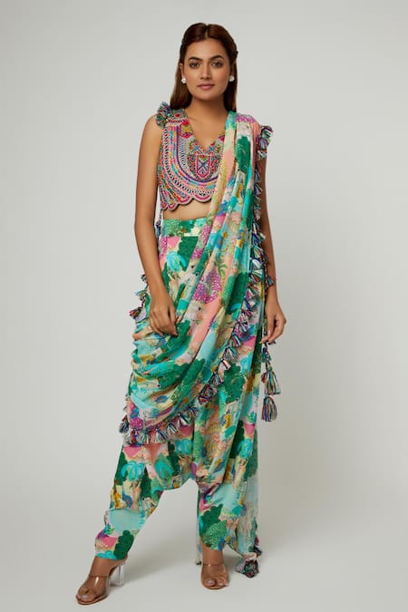 Payal Singhal Multi Color Crepe Printed Forest V-neck Pre-draped Pant Saree With Blouse