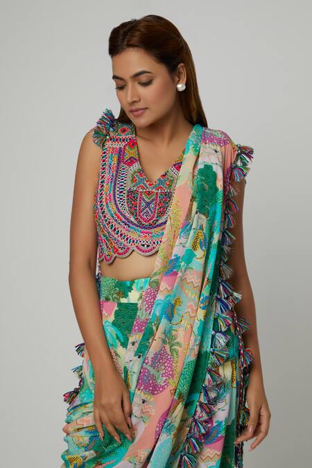 Payal Singhal Multi Color Crepe Printed Forest V-neck Pre-draped Pant Saree With Blouse Online at Aza Fashions Payal Singhal_Multi Color Crepe Printed Forest V-neck Pre-draped Pant Saree With Blouse _Online_at_Aza_Fashions