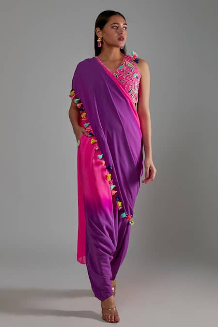 Payal Singhal Pink Georgette Ombre Tassells Pre-draped Pant Saree With Embroidered Blouse 