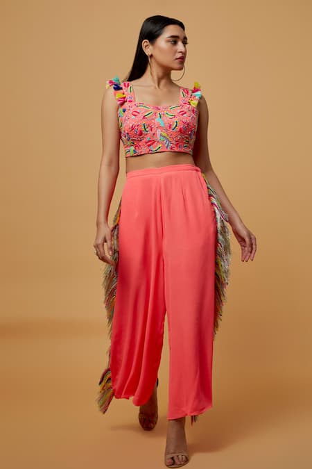 Payal Singhal Coral Georgette Embroidered Tassells Square Blouse With Pant 