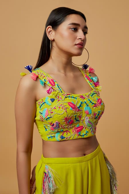 Payal Singhal_Green Georgette Embroidered Tassells Square Thread Blouse With Pant _Online_at_Aza_Fashions