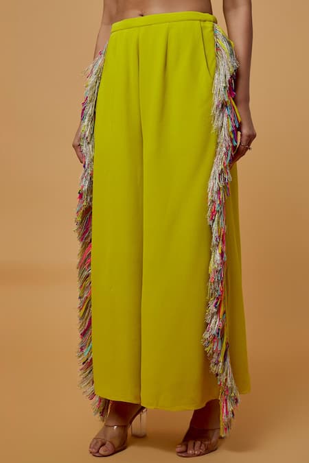 Buy_Payal Singhal_Green Georgette Embroidered Tassells Square Thread Blouse With Pant _Online_at_Aza_Fashions