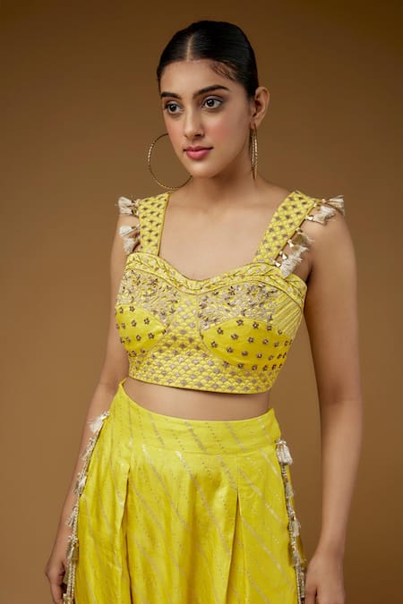 Payal Singhal_Yellow Satin Embroidered Tassells Sweetheart Floral Blouse With Draped Pant_Online_at_Aza_Fashions