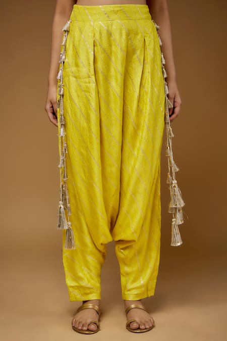 Buy_Payal Singhal_Yellow Satin Embroidered Tassells Sweetheart Floral Blouse With Draped Pant_Online_at_Aza_Fashions