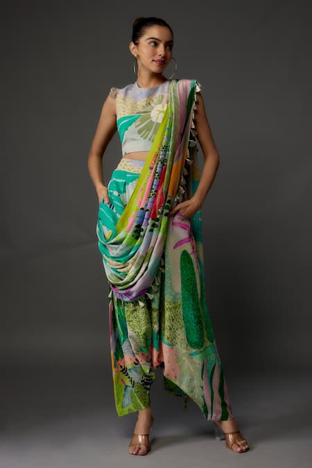 Payal Singhal Multi Color Crepe Printed Abstract V-neck Pre-draped Pant Saree With Blouse