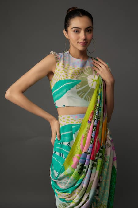 Payal Singhal_Multi Color Crepe Printed Abstract V-neck Pre-draped Pant Saree With Blouse _Online_at_Aza_Fashions