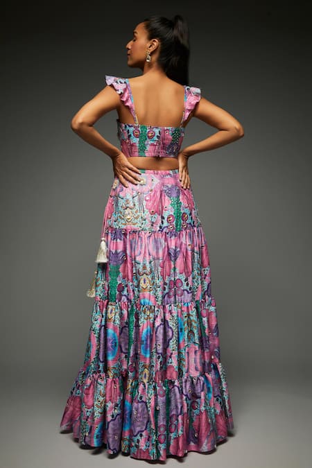Payal Singhal Floral Abstract Print Tiered Lehenga With Bustier 