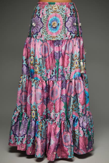 Buy Payal Singhal Multi Color Dupion Silk Printed Abstract Floral Tiered Lehenga With Bustier Online at Aza Fashions Buy_Payal Singhal_Multi Color Dupion Silk Printed Abstract Floral Tiered Lehenga With Bustier _Online_at_Aza_Fashions