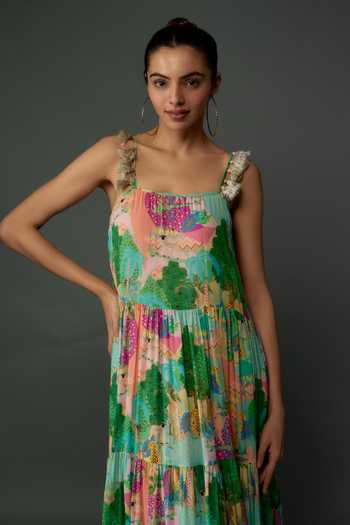 PS Pret By Payal Singhal_Peach Georgette Printed Kuno Square Long Trapese Dress_Online_at_Aza_Fashions