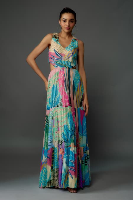 PS Pret by Payal Singhal Tropical Print Cutout Maxi Dress 