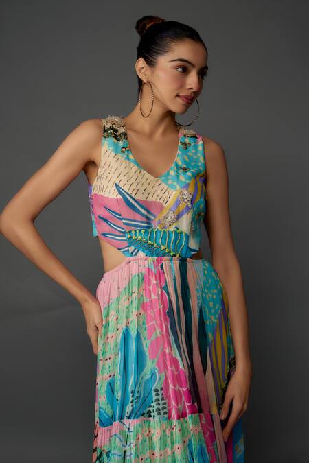 PS Pret By Payal Singhal_Blue Art Georgette Printed Tropical V Neck Cutout Maxi Dress_Online_at_Aza_Fashions